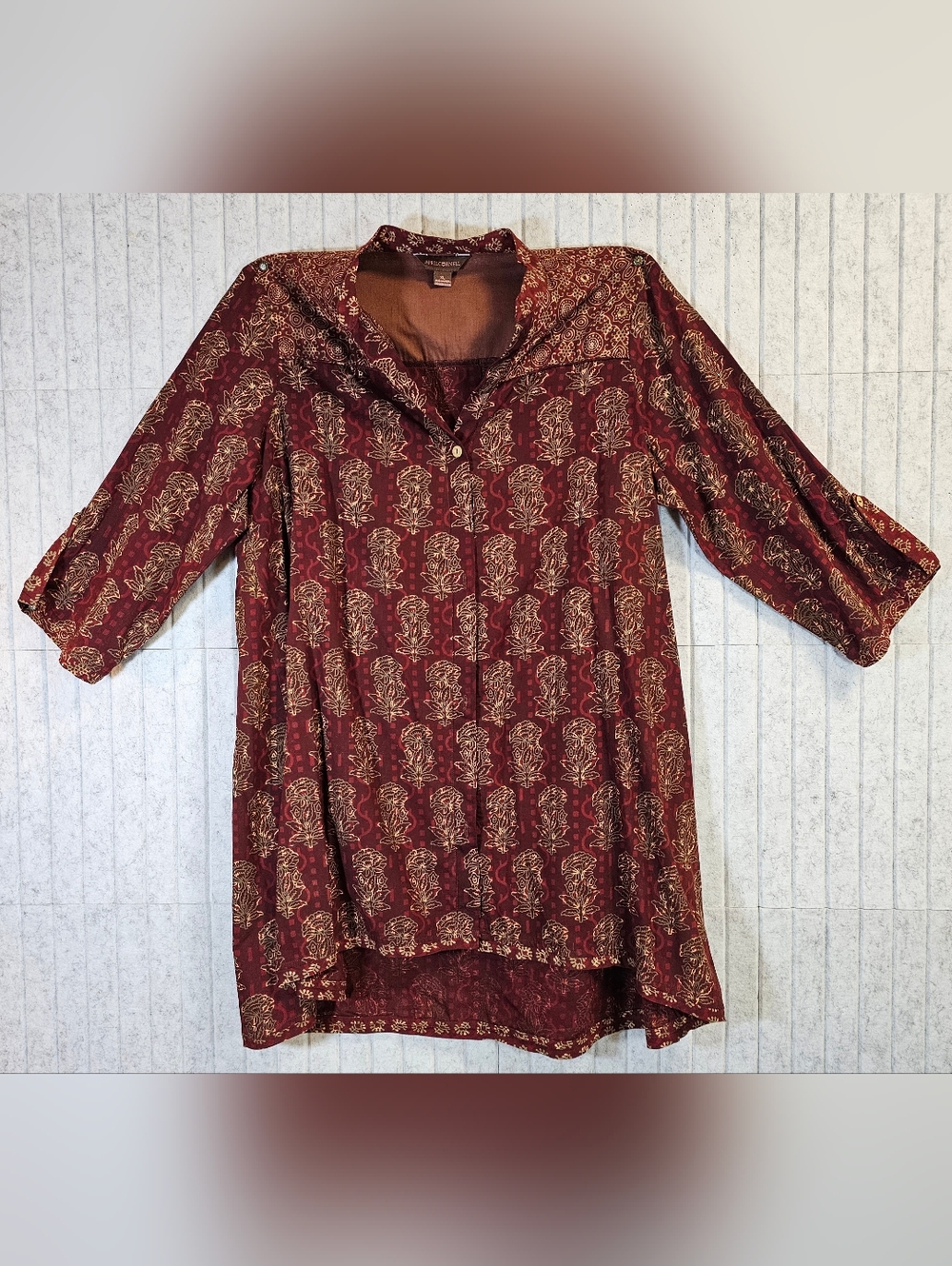 April Cornell Burgundy Boho Tunic Top XL Floral Block Print Cottagecore